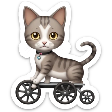 full body small short hair dark brown and white cat with hazel eyes walking in a wheelchair for cats sticker