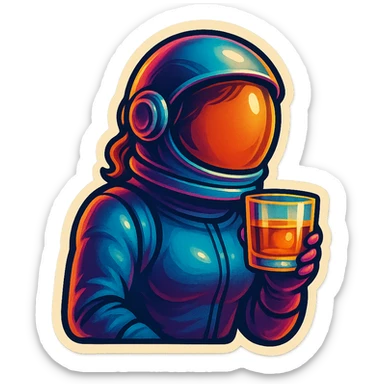 A sticker of a female astronaut with a glass of whiskey sticker