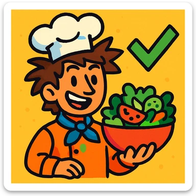 a guy with wild brown hair in a chef's hat, holding a bowl of salad, with a green tick beside him, vibrant cartoon style sticker