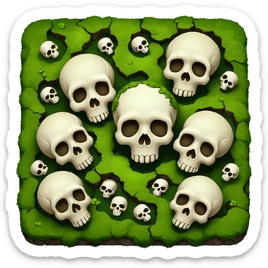 A creepy moss covered ground with skulls from a top down perspective. In the style of your bleeding skull art. sticker