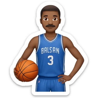 black bold man basketball player blue jersey with mustache holding basket ball sticker