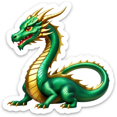 cinematic-noble-dragon-full body-emoji,-poised-and-majestic,-with-a-sinuous,-elongated-build-and-shimmering,-scale-covered-skin-in-hues-of-emerald-and-gold,-piercing,-fiery-eyes,-simplified-yet-sharp-and-sophisticated-features,-highly-detailed, zoomed out showing the serpentine body sticker