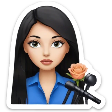 Glamours, tanned, very beautiful girl, with big pump peach-beige-rose lips, eyeliner, long lashes, black straight smooth silky long hair, straight parting hair, blue-grey eyes in black clothes for working profile sticker