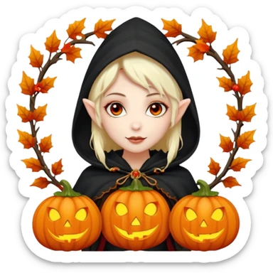 female elf vampire emoji, pale skin, red eyes, elegant face, autumn leaf and pumpkin wreath on head, black hooded cloak with cobweb details, holding small glowing pumpkin lantern, Halloween fantasy theme, Apple emoji style, clean white background, square sticker