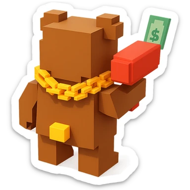 A grizzly bear with a chain and a money gun, facing backward sticker