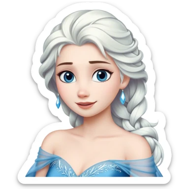 Cinematic Radiant Snow Queen Portrait Emoji, rendered in a realistic, vector style with clean proportions. Show Elsa with a gentle, confident smile, icy pale skin, and luxuriously styled platinum hair, her expression calm and regal. The image glows with a soft, enchanting icy luminescence, high shine, and is accented by a soft glowing outline that enhances her ethereal beauty. sticker