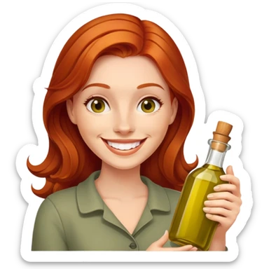 redhead woman with big smile holding olive oil bottle sticker
