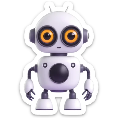 Friendly robot with big expressive eyes — round head, glossy finish, slightly clumsy but charming (think Wall-E meets Baymax). sticker