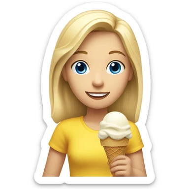 Girl with mid length blonde hair, blue eyes, yellow shirt, holding vanilla ice cream cone sticker