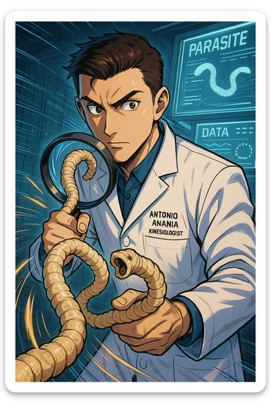 A dynamic manga/webtoon-style illustration of a young male kinesiologist wearing a clean white lab coat, analyzing light beige worms like a tapeworm under a magnifying glass. His expression is focused and slightly intrigued, with sharp, detailed eyes. The art style is vibrant, with bold linework, rich colors, and dramatic lighting. The background is a futuristic laboratory with glowing holographic screens displaying parasite data. The tapeworm is intricately drawn, slimy and segmented, with a slightly exaggerated yet realistic texture. The composition is dynamic, with motion lines or energy effects to emphasize his scientific investigation. The atmosphere is intense but not dark, keeping a balance between scientific seriousness and stylish manga aesthetics, he has "ANTONIO ANANIA" WRITTEN ON WHITE LAB COAT sticker