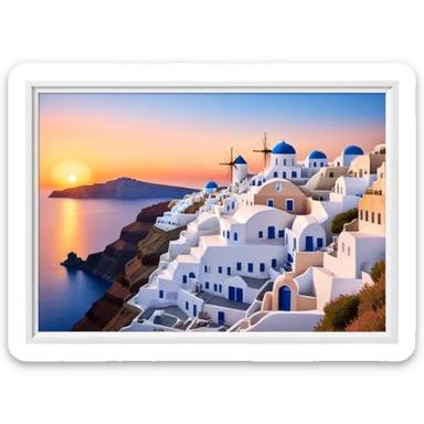 Cinematic Realistic Santorini Caldera Landmark Emoji, featuring white-washed buildings perched on volcanic cliffs, overlooking the deep blue Aegean Sea, with warm sunset hues illuminating the sky and reflecting off the water. sticker