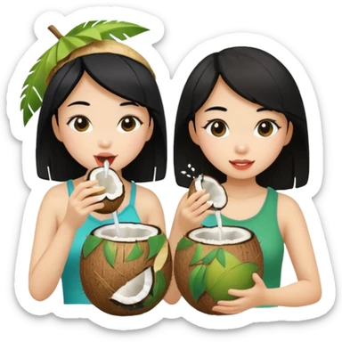 Two girls drinking out of a coconut one is Asian with black hair the other is white with blonde hair  sticker