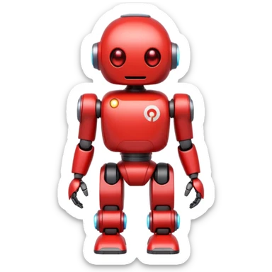 futuristic cute red robot with a prominent white play button on chest, rounded body, glowing eyes, small arms and legs, friendly and helpful, flat emoji-like design sticker