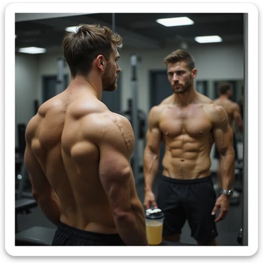 realistic male bodybuilder in definition phase, shirtless in front of mirror, observing reflection with doubtful expression, less full muscles, visible veins, gym with soft lighting, protein shaker on bench sticker
