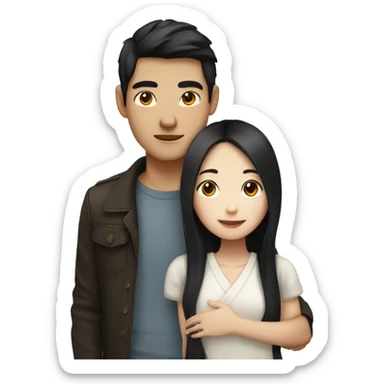 Asian girl with white skin, long dark hair and asian boy with white skin hug together  sticker