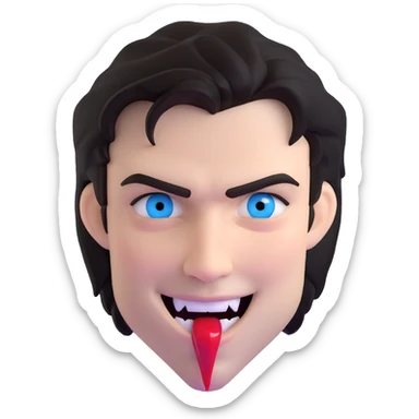 Damon Salvatore as a vampire with dark hair, blue eyes, fangs, smirking, subtle blood on lips sticker