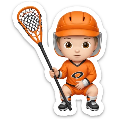 New born baby with lacrosse sticks wearing orange close  sticker