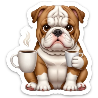 English bulldog sitting with a coffee cup sticker