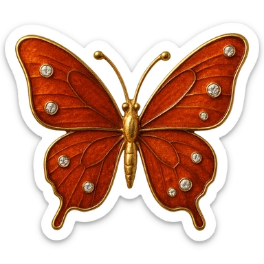 single burnt orange butterfly, deep orange enamel, sparkling gems, transparent background sticker