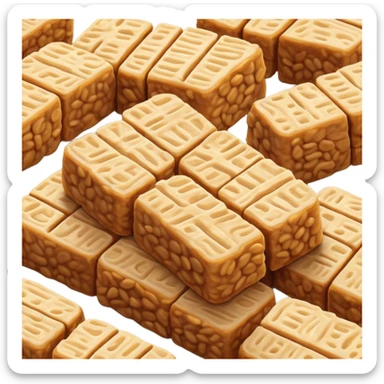 Tempeh Cinematic Realistic Tempeh Dish Emoji, depicted as crispy, sliced portions of fermented soy cake with a golden-brown finish, rendered with detailed textures and warm, inviting lighting. sticker