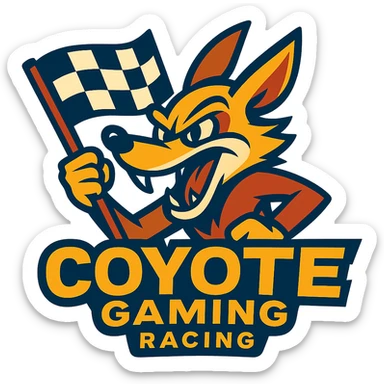 Coyote Gaming Racing logo in vibrant toon style, with a coyote character holding a racing flag sticker