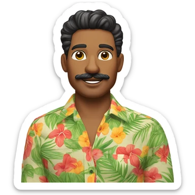 Non-binary Trader Joe's employee with tropical shirt and fancy moustache and brown hair. 34 years old. sticker