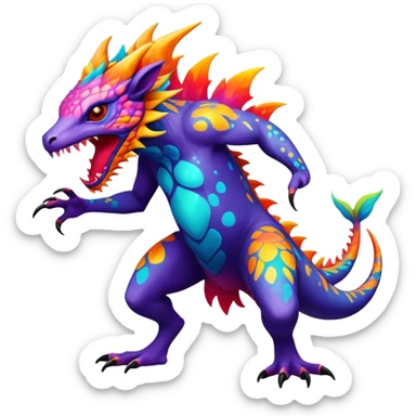 a colorful edgy vernid-fionbri-creature with splash patterns full body sticker