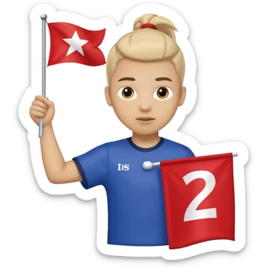 A pony tail hair boy holding a big team flag, waving it proudly with a determined expression. sticker