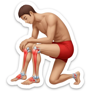 A person sitting and holding their knee, showing pain or inflammation. A red area highlights the joint to indicate soreness. Realistic photography style with clear detail on hands, knee, and muscle tension, plain white background for medical illustration use. sticker