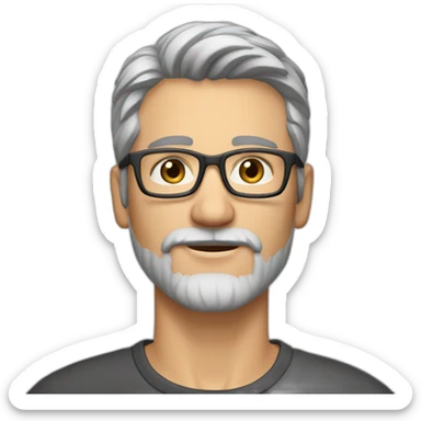 Caucasian man 40. brown eyes. short hair and short gray beard. disheveled without parting. black glasses sticker