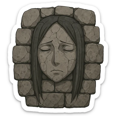 Nigredo's face from Overlord anime, merged into a stone wall, subtle facial features, anime style sticker