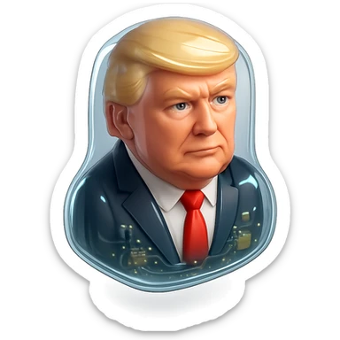 Donald Trump, glossy 3D caricature icon, facing forward, dark suit, white shirt, red tie, realistic facial features, smooth shadows, black background sticker