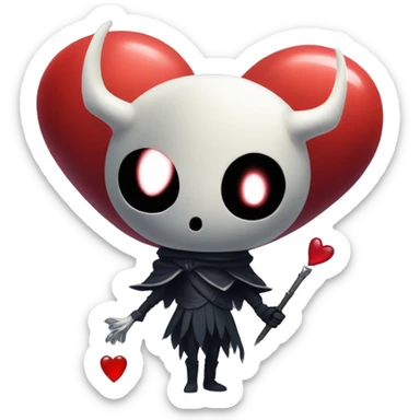 little hollow knight main character with big head and with a big red heart in his hands sticker