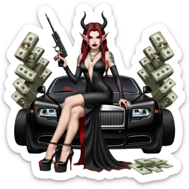 Lilith model red eye sexy black  devil horns.  long brown haired sexy succubus woman with leather long dress slit, sitting on rolls Royce. Wearing Black Platform high heels on feet. Tattoo sleeve arms, she has stacks of cash and a man dead human skull is on top of stack of cash and a gun in  hand sticker