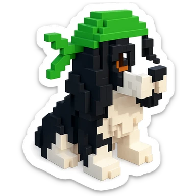 A black and white Russian Cocker Spaniel puppy wearing a green durag, voxel style, facing left sticker