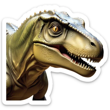Beautiful and Majestic T-rex Portrait Emoji, Head and body resting peacefully with a serene, confident expression, showcasing its colossal, muscular form and a subtle, regal glint in its eyes, Simplified yet exquisitely endearing features, highly detailed, glowing with a soft, drowsy prehistoric light, high shine, relaxed and utterly majestic, stylized with an air of ancient splendor, soft glowing outline, capturing the essence of a beautiful and majestic T-rex that feels destined to become the next viral icon of awe-inspiring dinosaur beauty! sticker
