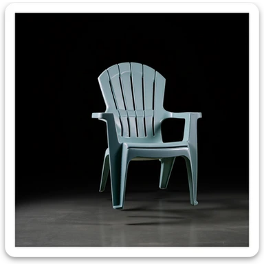 molded plastic lawn chair with arched top rail, five vertical back slats, rounded armrests, four tubular legs, suspended in mid-air over a smooth studio floor, isolated, high-key lighting, modern product photo style sticker