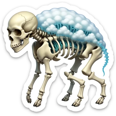 A hunched quadruped with translucent skin revealing a skeleton made of crystallized toxins, its spine adorned with pulsating sacs that leak venomous vapor forming skull-shaped clouds as it moves.

 sticker