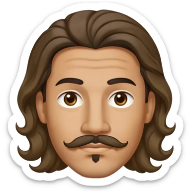 Mixed race man with long, wavy hair with a center part, a small diamond stud earring in each earlobe, a mustache over the top lip, and a wavy goatee on the chin. Head only!!! No shoulders or torso. No wrinkles. Parting of the hairpin the direct center of the head. Don't forget the earrings. sticker