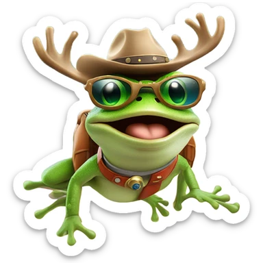 Frog in space riding a reindeer with cowboy hat & aviator sunglasses sticker