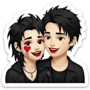 Laughing pale Goth boy with a bunch of face piercings, with shaggy dark brown hair, and messy black eyeliner , smudged, red, lipstick , kissing tan boy with long black hair  sticker
