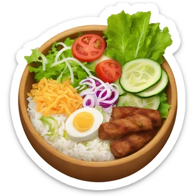 a wood bowl with rice in the middle, kebab, and salad sticker