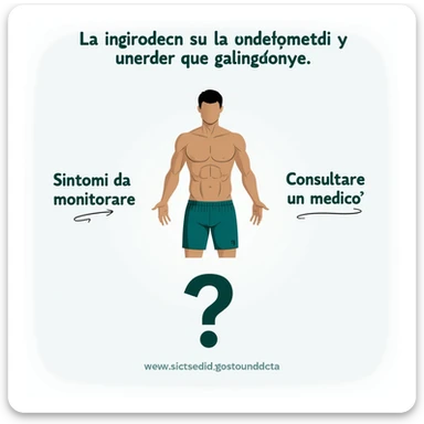 realistic infographic in Italian: athlete with question mark symbol in lower area, captions 'Sintomi da monitorare' and 'Consultare un medico', educational style, white background sticker