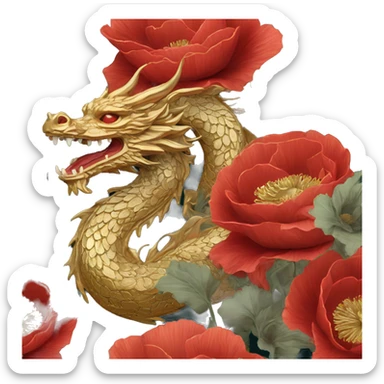 Intricate floral flower red and black and gold and jade dragon face with flowers poppies roses detailed sticker