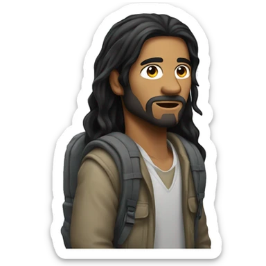 Homeless man with long straight black hair wearing backpack sticker