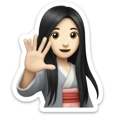 Japanese girl with long black hair and pale skin waving her hand saying hello sticker