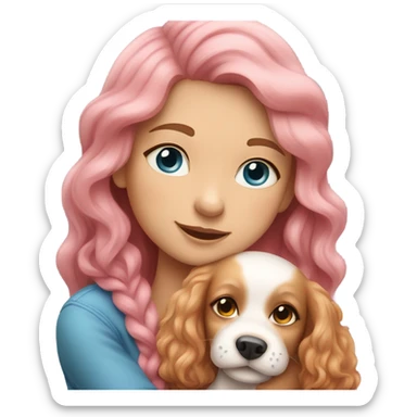 Please create a girl who hugs her pet doggie. The girl has a cute face and so does the doggie. The girl has light skin, blue eyes and pink wavy long hair. sticker