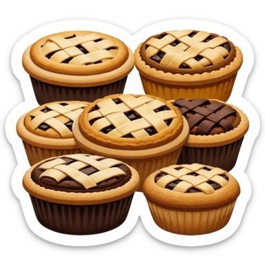 Baking community avatar in clean emoji-style illustration. Pies, cookies, and muffins grouped together, warm golden tones, simple shapes, flat design, high contrast, cozy and friendly. sticker