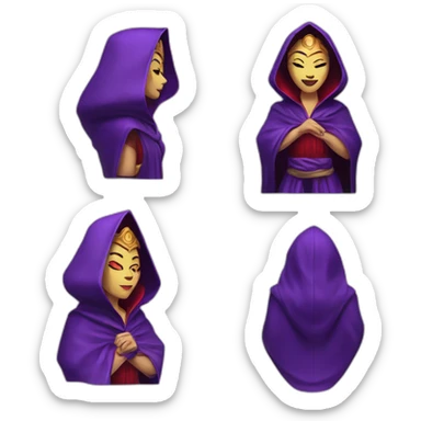 Empress, purple hodded robe, hood covering eyes , red lips, wicked grin sticker