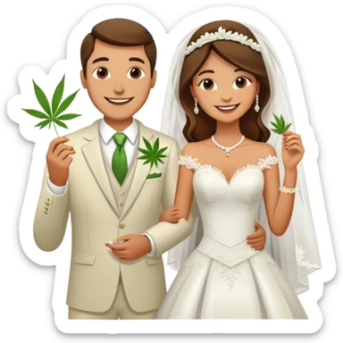 Newlywed couple, bride and groom, full body, sharing a cannabis joint at wedding sticker